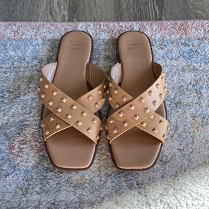 Tan square toe studded sandals
